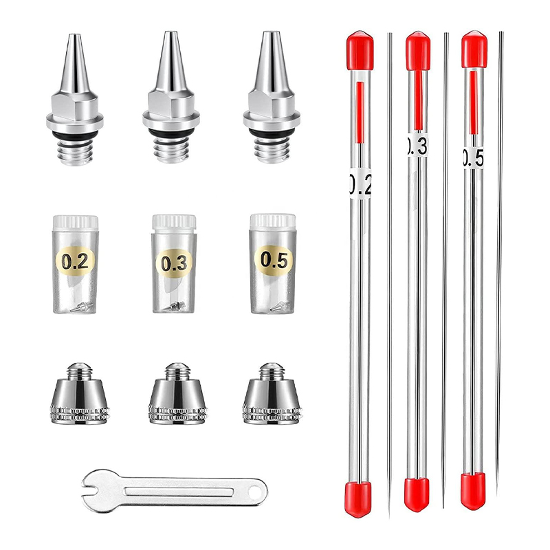 10-kappaleinen Airbrush-vaihtoosasarja 0,2 mm: n, 0,3 mm: n ja 0,5 mm: n ilmaharjan suuttimilla, neuloilla, suuttimilla